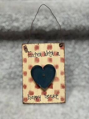 Handmade Primitive Folk Art Wooden Happy Heart Hanging Sign Country Decor